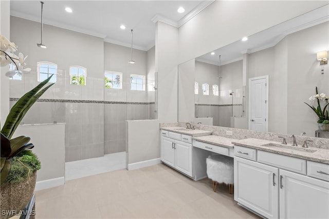 full bath with walk in shower, crown molding, vanity, and recessed lighting