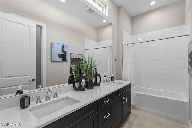 bathroom with shower / tub combo with curtain, tile patterned floors, double vanity, and recessed lighting