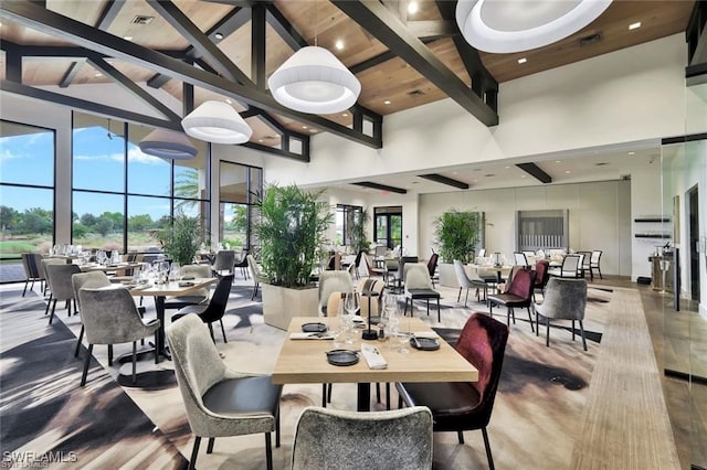 dining area with high vaulted ceiling, beam ceiling, and wood ceiling