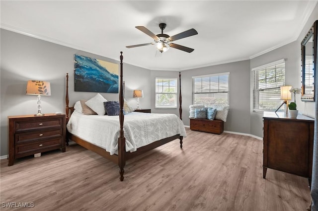 62 Lanai Cir Unit 62, Naples, FL 34112 - bedroom featuring ornamental molding, light wood-type flooring, multiple windows, and ceiling fan