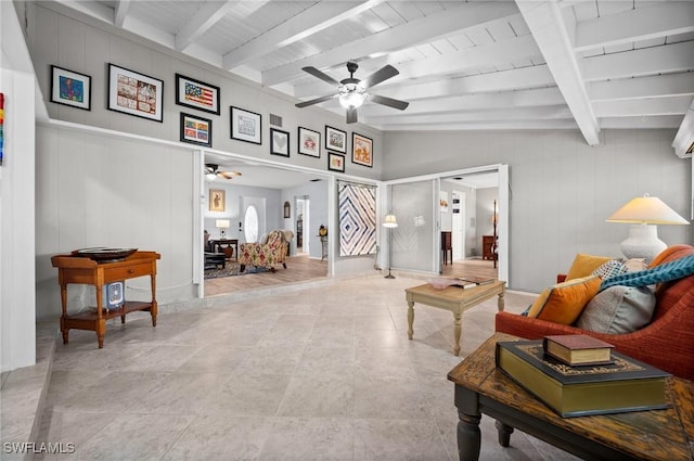 62 Lanai Cir Unit 62, Naples, FL 34112 - living area with a ceiling fan and beamed ceiling
