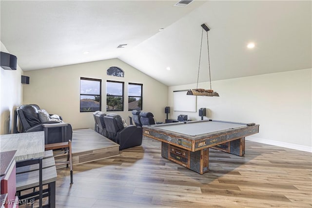 playroom with baseboards, billiards, lofted ceiling, and wood finished floors