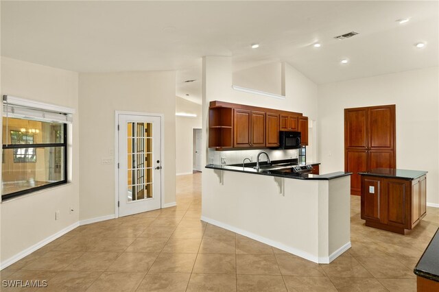 920 SW 4th Pl, Cape Coral, FL 33991 - kitchen with open shelves, dark countertops, and black microwave