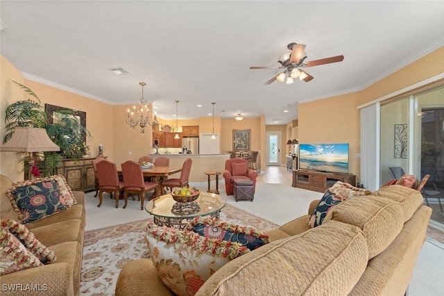 living area featuring light carpet, ceiling fan with notable chandelier, and ornamental molding