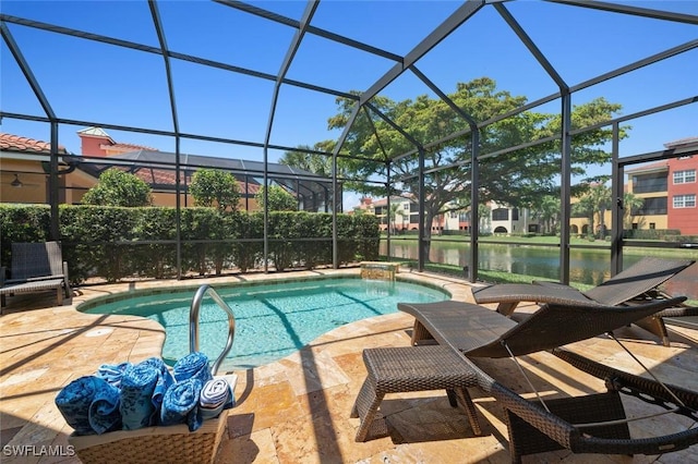 outdoor pool with a patio, a lanai, and a water view