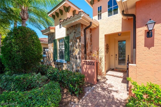 view of exterior entry with stone siding and stucco siding