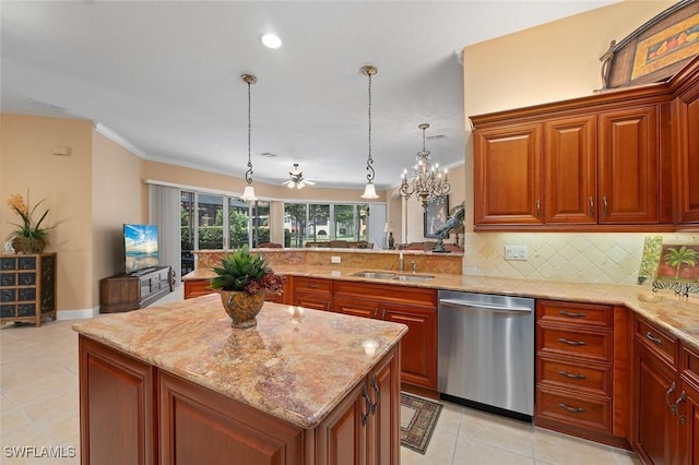 kitchen with light stone counters, a sink, dishwasher, crown molding, and tasteful backsplash