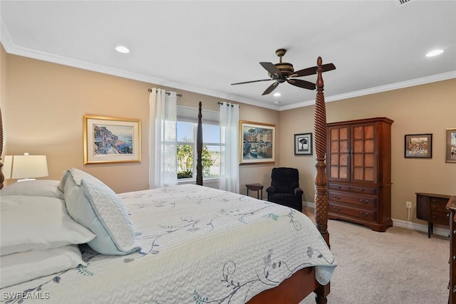 carpeted bedroom featuring baseboards, ornamental molding, and recessed lighting