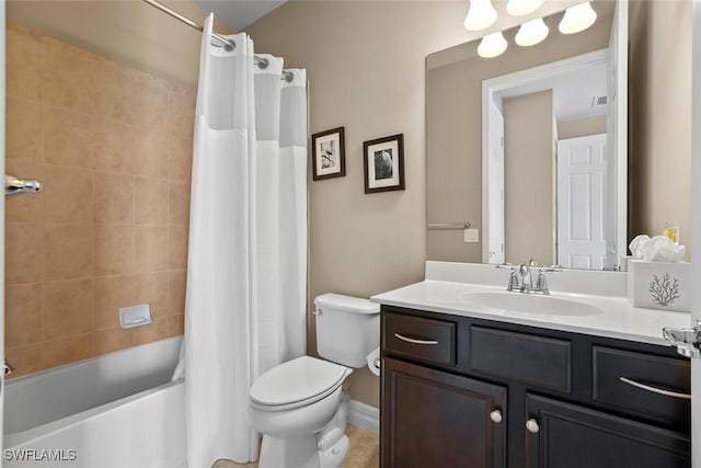 full bath featuring toilet, vanity, and shower / bath combination with curtain