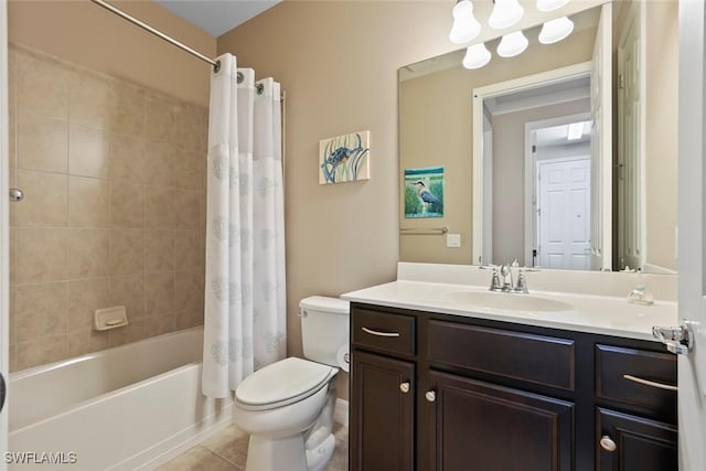 bathroom with toilet, vanity, tile patterned floors, and shower / bathtub combination with curtain