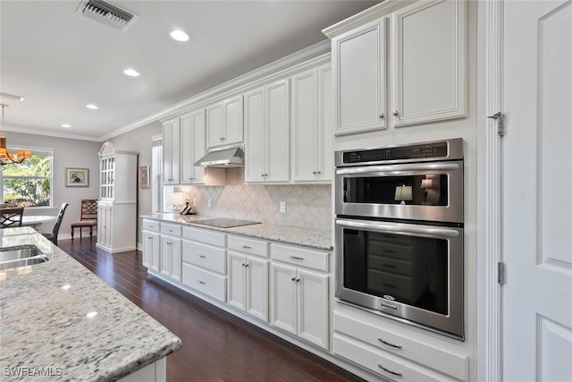kitchen with dark wood finished floors, visible vents, crown molding, under cabinet range hood, and double oven