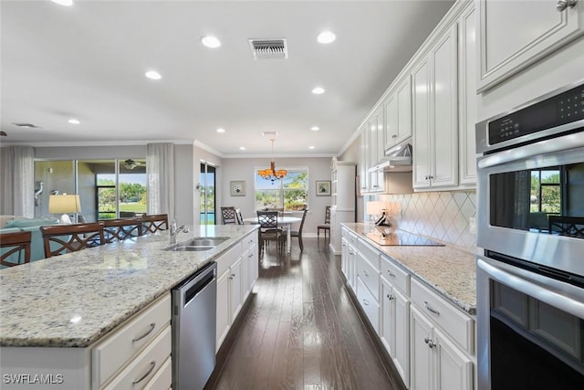 kitchen with white cabinets, under cabinet range hood, visible vents, a sink, and appliances with stainless steel finishes