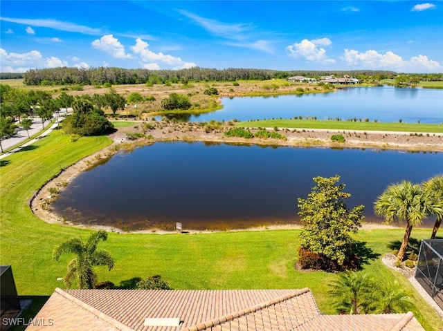 drone / aerial view featuring a water view