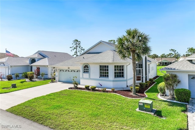 3895 Sabal Springs Blvd, North Fort Myers, FL 33917 - view of front of house with a garage, a front lawn, stucco siding, and concrete driveway