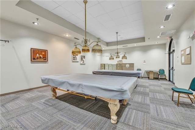3895 Sabal Springs Blvd, North Fort Myers, FL 33917 - playroom featuring a drop ceiling, visible vents, carpet floors, baseboards, and billiards