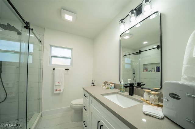 2333 Westwood Rd, North Fort Myers, FL 33917 - bathroom with a marble finish shower, toilet, baseboards, and vanity