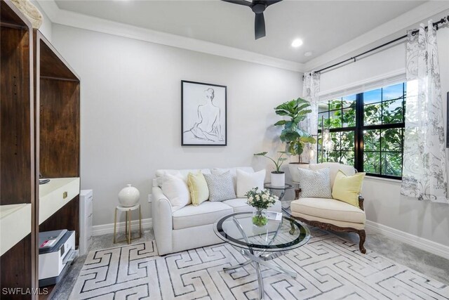 4318 Aurora St, Naples, FL 34119 - living room featuring baseboards, a ceiling fan, crown molding, and recessed lighting