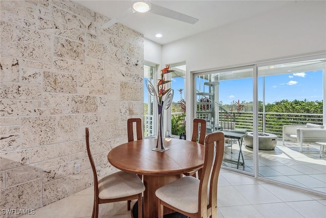 dining room with recessed lighting, light tile patterned floors, and a ceiling fan