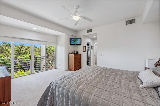 bedroom featuring visible vents, carpet floors, recessed lighting, and a ceiling fan