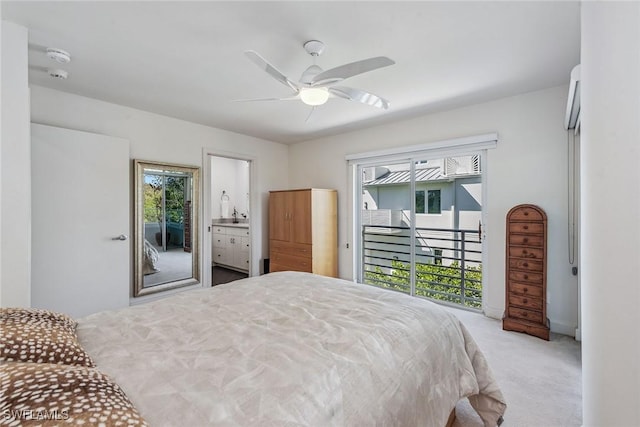 carpeted bedroom with a ceiling fan and access to outside