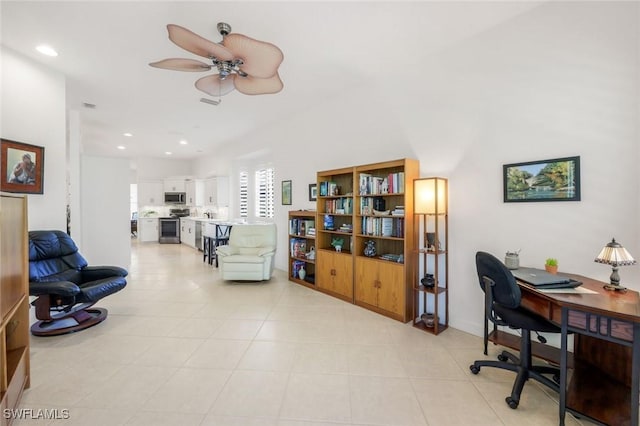 office area with visible vents, ceiling fan, light tile patterned floors, and recessed lighting
