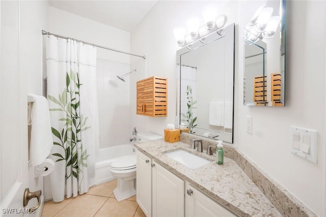 bathroom featuring toilet, shower / bathtub combination with curtain, vanity, and tile patterned flooring