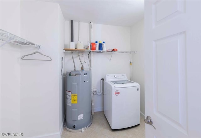 20587 Charing Cross Cir, Estero, FL 33928 - washroom with washer / clothes dryer, electric water heater, and light tile patterned floors