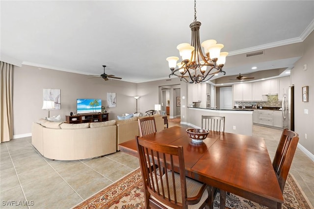 24031 Via Castella Dr Unit 1302, Bonita Springs, FL 34134 - dining area with ceiling fan with notable chandelier, visible vents, and ornamental molding
