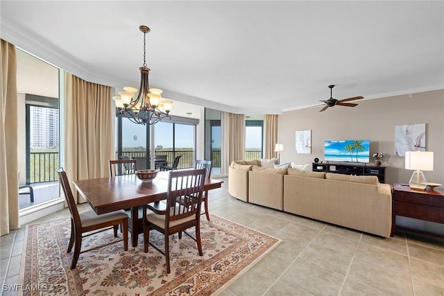 24031 Via Castella Dr Unit 1302, Bonita Springs, FL 34134 - dining room with expansive windows, light tile patterned floors, ceiling fan with notable chandelier, and ornamental molding