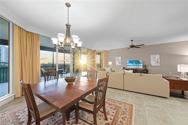 24031 Via Castella Dr Unit 1302, Bonita Springs, FL 34134 - dining space featuring crown molding, light tile patterned flooring, and ceiling fan with notable chandelier
