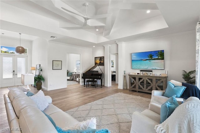 living room featuring french doors, baseboards, recessed lighting, wood finished floors, and ceiling fan