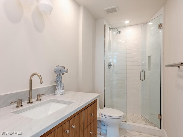 bathroom with visible vents, a shower stall, toilet, and vanity