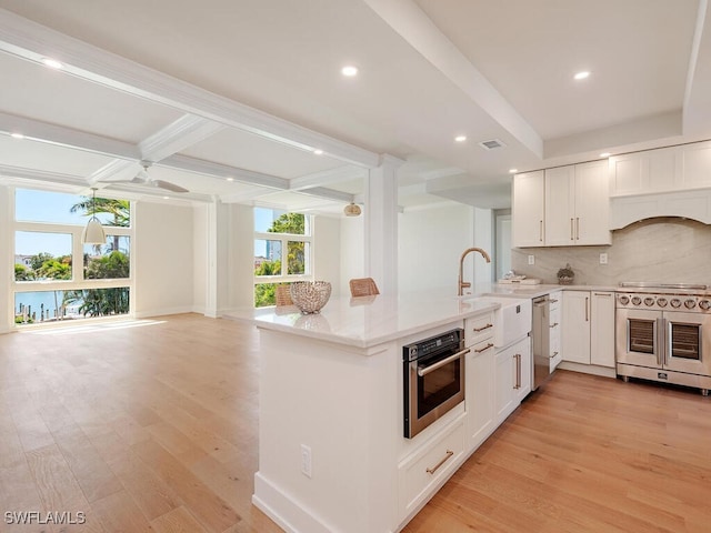 kitchen with decorative backsplash, light wood-style floors, open floor plan, and stainless steel appliances