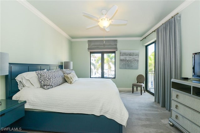 1490 5th Ave S Unit 200B, Naples, FL 34102 - carpeted bedroom with ornamental molding, baseboards, ceiling fan, and access to exterior
