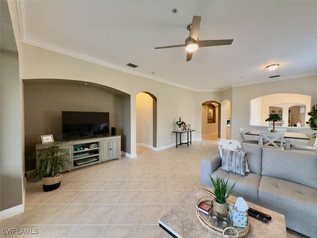 5956 Tarpon Gardens Cir Unit 201, Cape Coral, FL 33914 - living area featuring visible vents, crown molding, light tile patterned floors, baseboards, and ceiling fan
