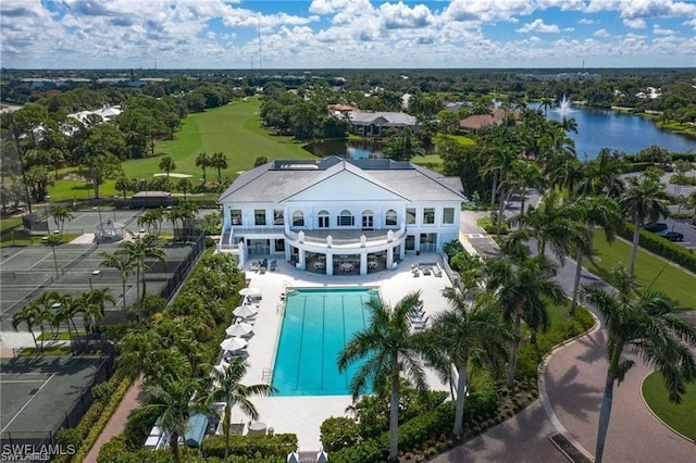 drone / aerial view with a water view