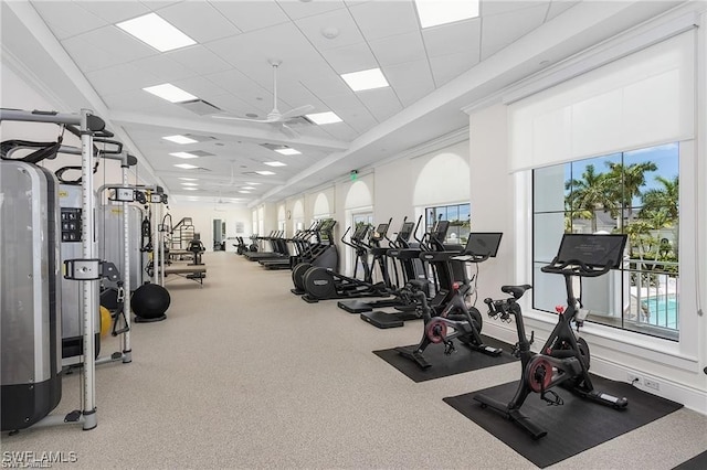 workout area featuring ceiling fan