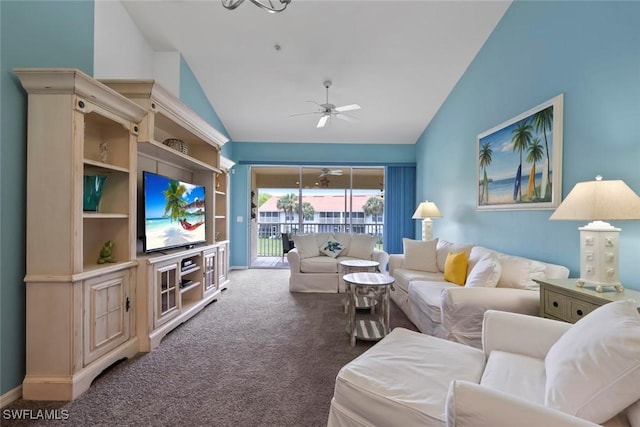 4970 Deerfield Way Unit F202, Naples, FL 34110 - living area featuring lofted ceiling, a ceiling fan, and carpet floors