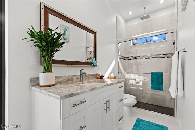 full bathroom featuring a stall shower, toilet, vanity, visible vents, and recessed lighting