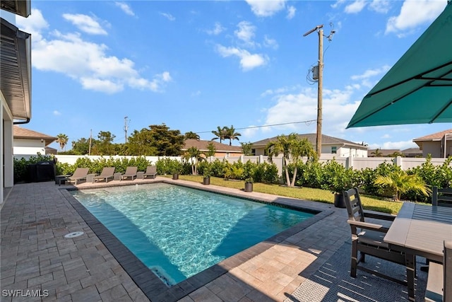view of swimming pool featuring a fenced backyard, a patio area, and a fenced in pool