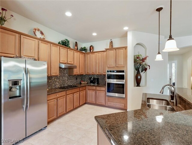 21826 Bella Terra Blvd, Estero, FL 33928 - kitchen featuring a sink, tasteful backsplash, under cabinet range hood, stainless steel appliances, and decorative light fixtures