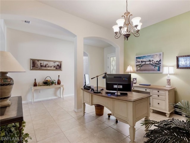 21826 Bella Terra Blvd, Estero, FL 33928 - office with light tile patterned flooring, visible vents, a notable chandelier, and arched walkways
