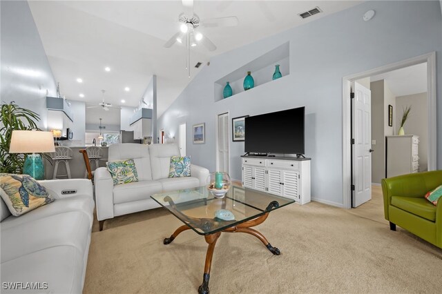 8073 Panther Trl Unit 1403, Naples, FL 34113 - living room featuring recessed lighting, light colored carpet, visible vents, and ceiling fan