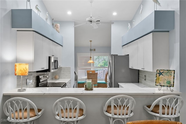 8073 Panther Trl Unit 1403, Naples, FL 34113 - kitchen featuring stainless steel appliances, a peninsula, a ceiling fan, and hanging light fixtures