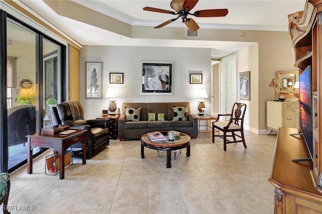 96 Vivante Blvd Unit 211, Punta Gorda, FL 33950 - living room with ornamental molding, a ceiling fan, and light tile patterned floors