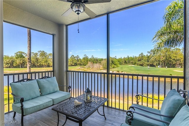 10329 Heritage Bay Blvd Unit 1622, Naples, FL 34120 - sunroom / solarium featuring a ceiling fan, an outdoor hangout area, and view of scattered trees