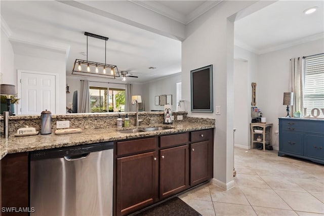 kitchen with a sink, stainless steel dishwasher, ceiling fan, and light stone counters