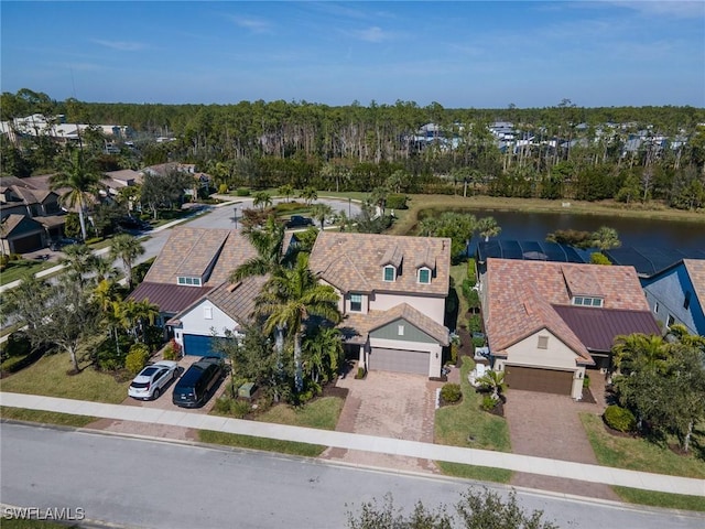 drone / aerial view featuring a water view