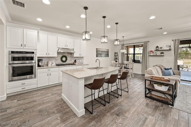 kitchen featuring a sink, visible vents, under cabinet range hood, and stainless steel double oven