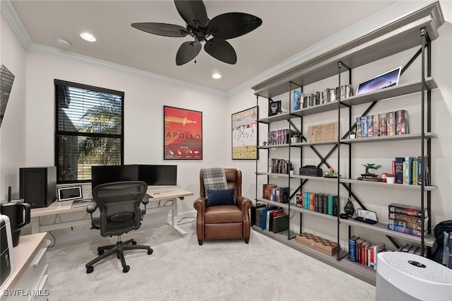office featuring crown molding, recessed lighting, carpet, and ceiling fan